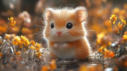 Wall Mural - A cute, fluffy hamster with big eyes sits in a field of yellow flowers, with the sun shining down on it.