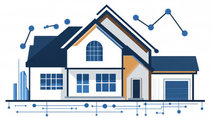 Poster - A house with a blue roof and white trim. The house is surrounded by a lot of lines and dots