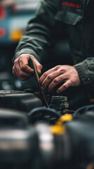 Poster - A man is working on a car engine. He is wearing a green jacket and has dirty hands