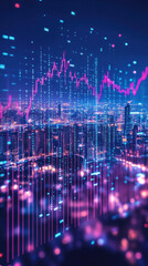 Poster - A cityscape with a lot of lights and a lot of lines. The city is lit up and the lights are scattered all over the city. Scene is energetic and lively