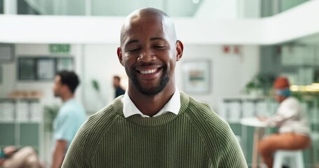 Poster - Face, portrait and smile of business black man in office for ambition, job opportunity or mission. Agency, proud and start with happy African employee at workplace in Nigeria for career development