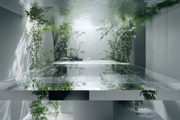 Poster - A serene, modern space featuring water and lush greenery.