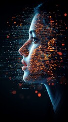 Aufkleber - A woman's face is depicted in profile, composed of glowing, digital particles that evoke a sense of futuristic technology and artificial intelligence.