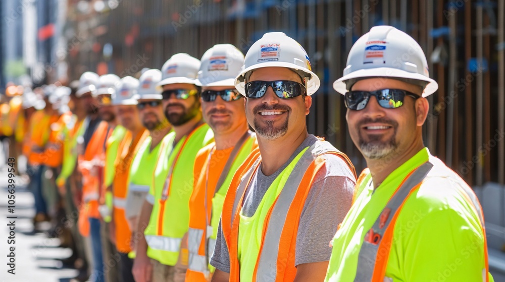 A diverse group of construction workers wearing hard hats and safety ...