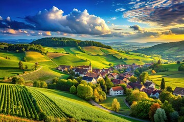 Picturesque hills and expansive fields create a stunning panorama at Grandvaux Pontarion, France.