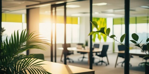 Modern office interior, sunlit workspace, glass walls, palm leaves in foreground, minimalist furniture, warm ambient lighting, clean aesthetic, open plan design, contemporary workplace, natural elemen