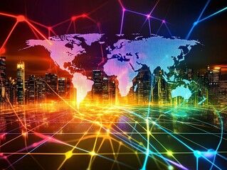 Poster - A vibrant digital network overlaying a world map against a city skyline, symbolizing global connectivity and modern technology innovations.