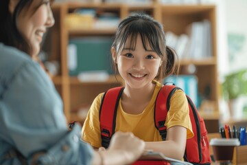 Asian Mother Helping Daughter Pack School Bag with Red Backpack