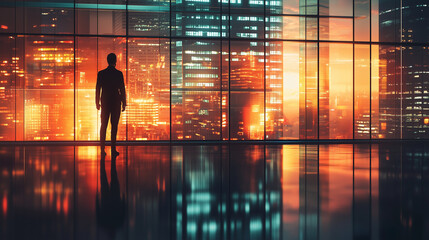 Silhouette of a businessman observing a vibrant city skyline at sunset through a large glass window, reflecting ambition and future vision