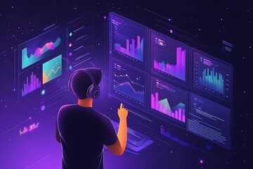 Leinwandbilder - A man wearing VR headset is interacting with multiple graphs and charts displayed on screens in front of him.