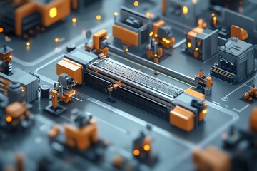 Poster - A 3D illustration of an automated factory with a conveyor belt and machinery.