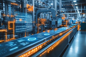 Fototapete - Modern automated industrial factory with a conveyor belt, robots, and digital displays showing data and information.