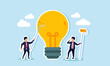 © B Design - Two businessmen hold paintbrushes, coloring or updating a light, illustrating evaluation and upgrades of innovations and ideas being applied in business to stay relevant