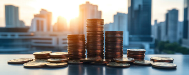 Poster - A pile of coins is on a table in front of a city skyline. The coins are stacked in a pyramid shape, with the top coin being the largest. Concept of wealth and prosperity
