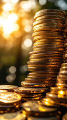 Poster - A stack of gold coins with a bright sun shining on them. The coins are piled on top of each other, creating a sense of abundance and wealth. The bright sunlight highlights the gold