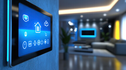 Poster - A smart home display shows a house with a blue sky and a house icon. The room is decorated with a couch, a table, and a potted plant. The room has a modern and comfortable atmosphere