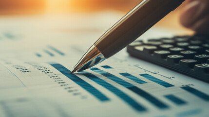 Poster - A pen is writing on a piece of paper with numbers and graphs. Concept of someone working on financial data or analyzing trends. Scene is focused and serious