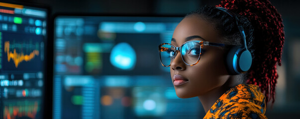 Poster - A woman wearing glasses and headphones is looking at a computer screen. She is focused on the screen and she is working