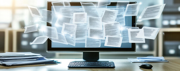 Poster - A computer monitor shows a bunch of paper flying around. Concept of chaos and disorganization, as if someone has been frantically trying to sort through a pile of documents