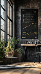 Poster - A black and white graph is displayed on a wall in a room with a desk and a chair. The room has a modern and minimalist design, with a large window letting in natural light