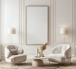 A minimalist living room interior with two white armchairs. a coffee table. and a large empty picture frame The room has white walls with molding and a wooden floor