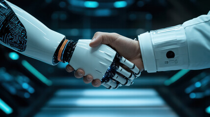 Poster - A robot hand shakes a human hand. The robot is white and the human is wearing a white jacket. Concept of technology and human interaction