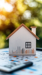 Poster - A small white house is on top of a piece of paper with a calculator and a phone. The house is surrounded by a bunch of numbers and lines, which could represent a graph or a chart