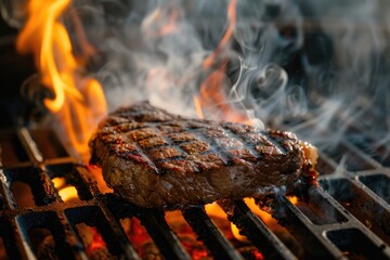 Wall Mural - Juicy beef steak grilling, intense fire and smoke