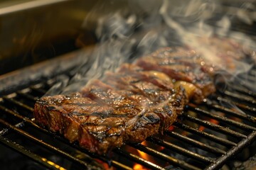 Wall Mural - Perfectly cooked steak grilling, smoke and fire creating an appetizing scene