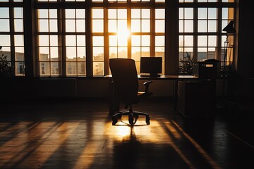 Poster - A chair is sitting in front of a window with the sun shining through it. The room is empty and the chair is the only piece of furniture