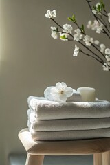 Wall Mural - A stack of white towels is on a wooden stool, with a white flower on top. Concept of relaxation and comfort