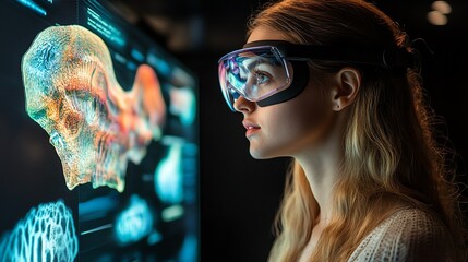 Aufkleber - A young woman wearing VR goggles looks intently at a digital display showing a 3D model of a human skull.