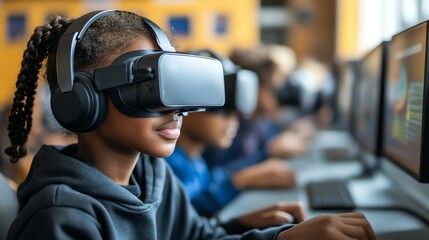 Aufkleber - A young girl wearing VR headset and headphones in a computer lab, looking to the right.