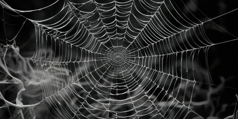 Spider web, intricate details, morning dew, droplets, symmetrical pattern, delicate threads, black and white, macro photography, natural geometry, glistening, ethereal, atmospheric, moody, foggy backg
