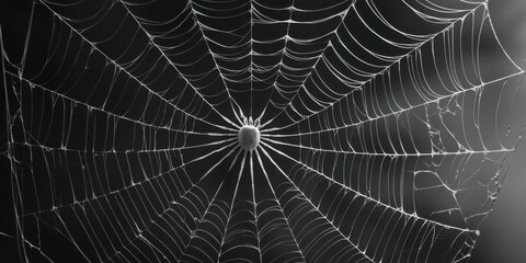 Spider web, intricate details, morning dew, droplets, symmetrical pattern, delicate threads, black and white, macro photography, natural geometry, glistening, ethereal, atmospheric, moody, foggy backg