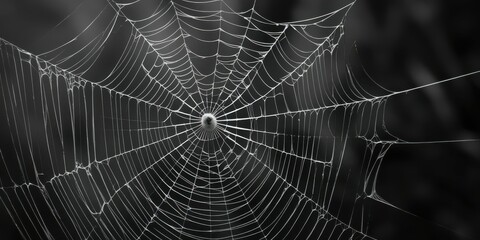 Spider web, intricate details, morning dew, droplets, symmetrical pattern, delicate threads, black and white, macro photography, natural geometry, glistening, ethereal, atmospheric, moody, foggy backg