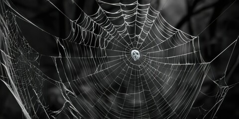 Spider web, intricate details, morning dew, droplets, symmetrical pattern, delicate threads, black and white, macro photography, natural geometry, glistening, ethereal, atmospheric, moody, foggy backg