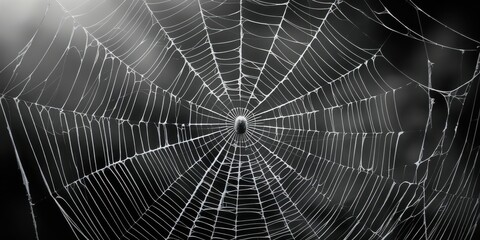 Spider web, intricate details, morning dew, droplets, symmetrical pattern, delicate threads, black and white, macro photography, natural geometry, glistening, ethereal, atmospheric, moody, foggy backg