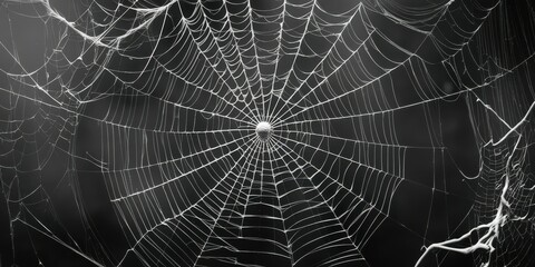 Spider web, intricate details, morning dew, droplets, symmetrical pattern, delicate threads, black and white, macro photography, natural geometry, glistening, ethereal, atmospheric, moody, foggy backg