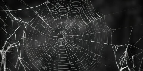 Spider web, intricate details, morning dew, droplets, symmetrical pattern, delicate threads, black and white, macro photography, natural geometry, glistening, ethereal, atmospheric, moody, foggy backg