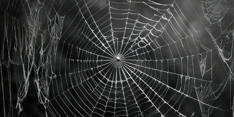Spider web, intricate details, morning dew, droplets, symmetrical pattern, delicate threads, black and white, macro photography, natural geometry, glistening, ethereal, atmospheric, moody, foggy backg