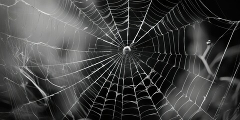 Spider web, intricate details, morning dew, droplets, symmetrical pattern, delicate threads, black and white, macro photography, natural geometry, glistening, ethereal, atmospheric, moody, foggy backg