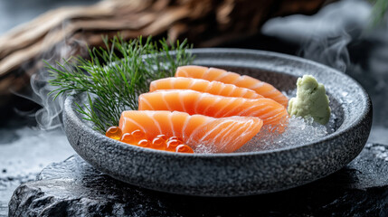 Fresh salmon sashimi served on black stone plate with wasabi and garnished with dill, creating elegant and appetizing presentation