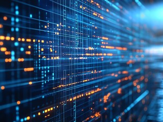 Aufkleber - Abstract digital background with blue and orange lines and dots representing data flow.