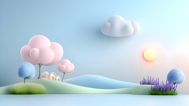 A sunset with a light blue sky and sun in the background, distant houses on hills, trees in the foreground, and a 3D animated landscape with clouds, flowers, and trees are all shown in a carton.