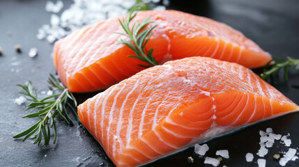 Fresh salmon fillets with vibrant orange color, garnished with rosemary and surrounded by sea salt, create visually appealing and appetizing presentation