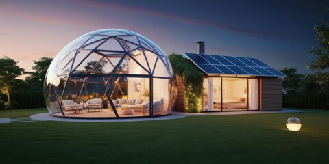 Futuristic geodesic dome house, transparent glass walls, cozy interior lighting, lush green surroundings, sunset sky, modern architecture, eco-friendly design, solar panels, curved structure, sustaina