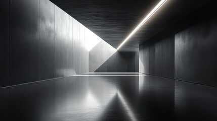 Minimalist concrete corridor with a single light source and a reflective floor.