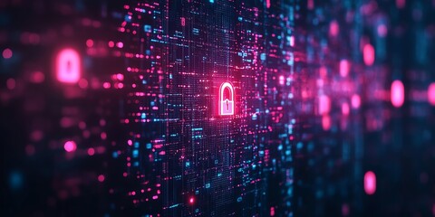Poster - A glowing padlock icon in a digital abstract background.