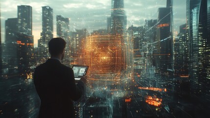 Poster - Businessman analyzing AI-driven data networks in a smart city, showcasing machine learning role in urban development.
